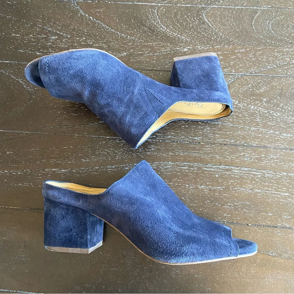 Splendid Navy‎ Blue Suede Leather Peep Toe Mules Sandals Heels Size 10